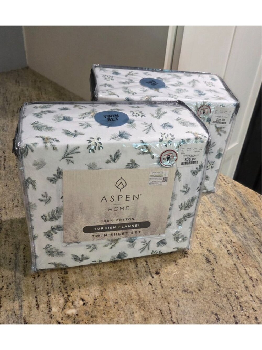 Lot of 2 New! Aspen Home Turkish Flannel Twin Sheet Set 100% Cotton Green Pine